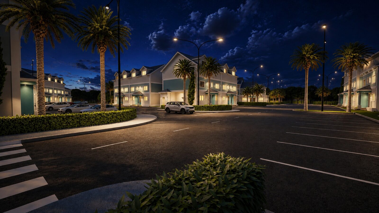 Dusk view with palms
